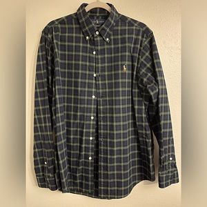 Ralph Lauren Large Classic Fit Oxford button down. Navy, green, yellow plaid.